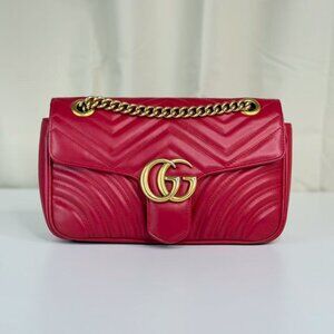 Gucci GG Red Medium Marmont Shoulder Bag Crossbody with Gold Chain Strap
